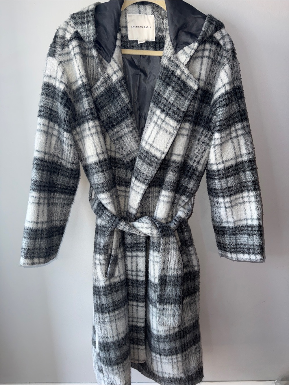 American Eagle Outfitters Gray and White Plaid Teddy Jacket-Long